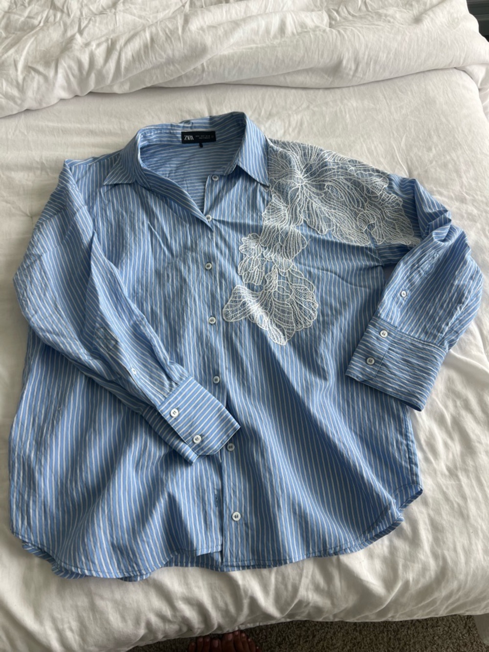 Zara Light Blue Striped Button-Down Shirt with White Lace Detail